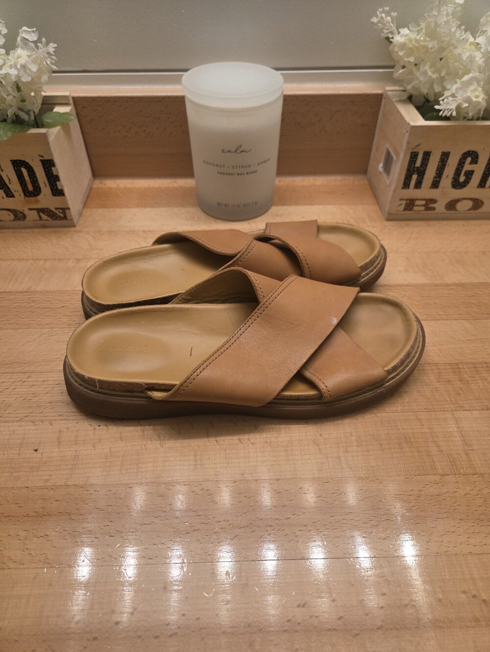 Clarks Trace Drift Crisscross Strap Slip-On Sandal Tan Leather Women's Size 9